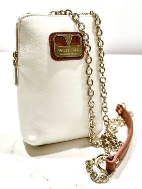 Valentina Cream Genuine Italian Pebbled  Leather Crossbody Bag Gold Chain NWOT
